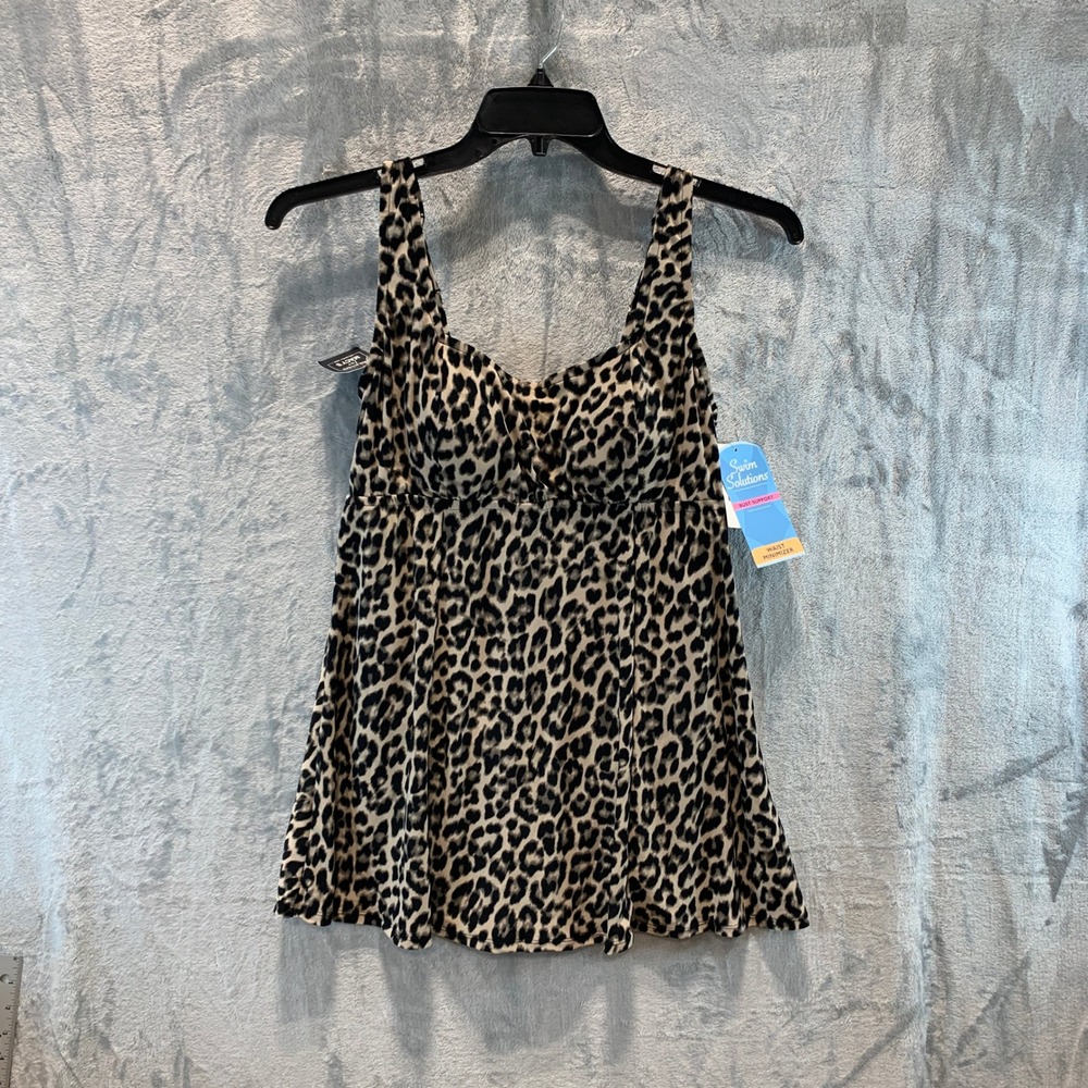 Swim Solutions Womens Leopard Print Square Neck Swimdress Black Tan 12 8005649 - Picture 1 of 9